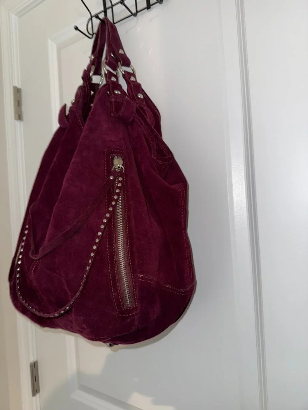 Via Repubblica Large Burgundy Suede Hobo Bag Studded Zip Pocket Shoulder Purse